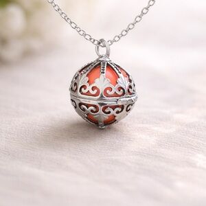 Silver Tone Orb Cage Pendant Orange Sphere Boho Statement Charm